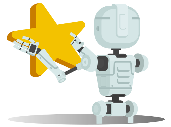 A robot typing on computer with 5 stars over head.